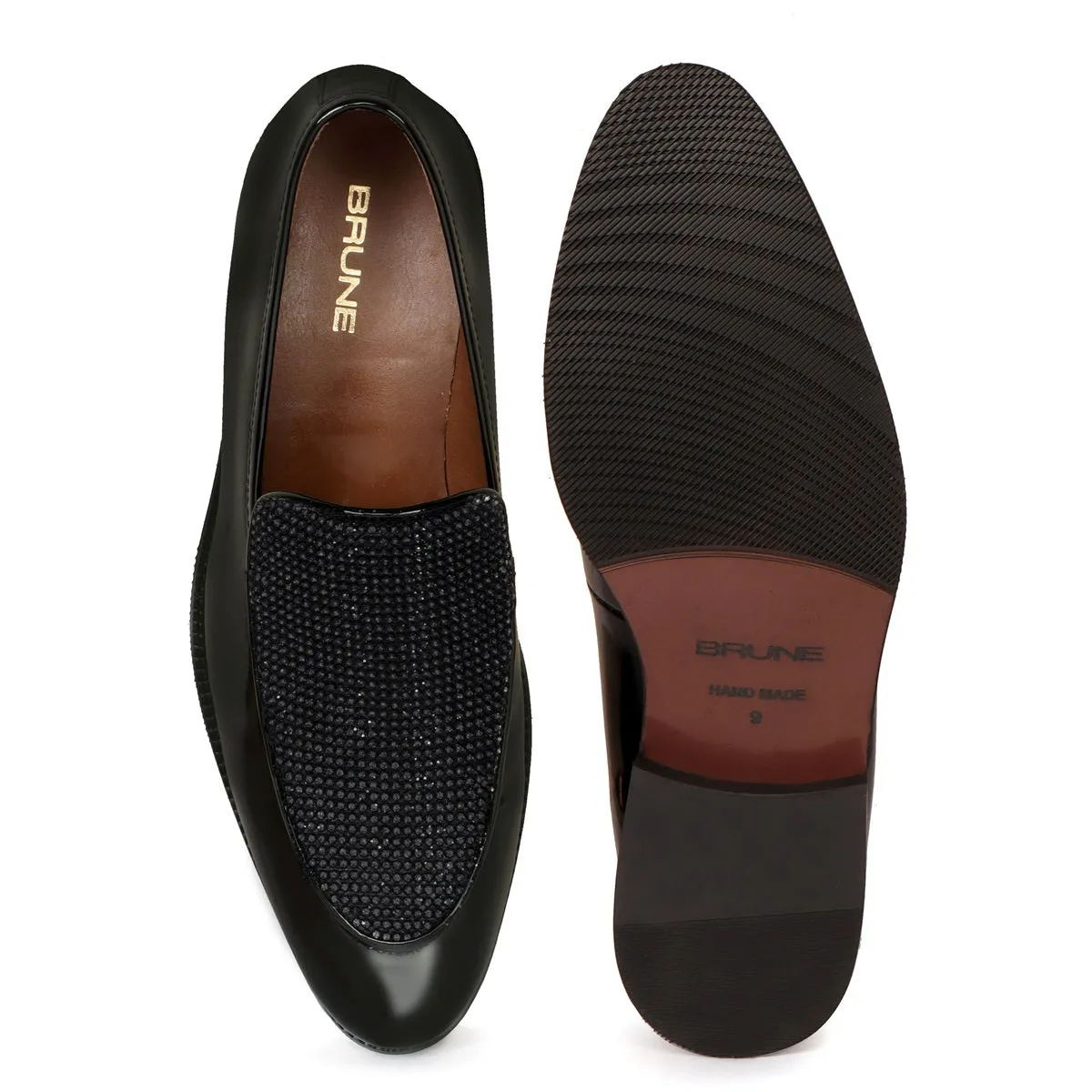 Patent Black Slip-On Shoe with Flashy Rhinestone Zardosi Beads Leather Loafers