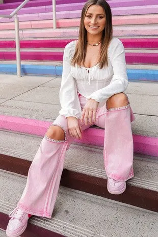 Pink Acid Wash Wide Leg Pants With Rhinestone Detail