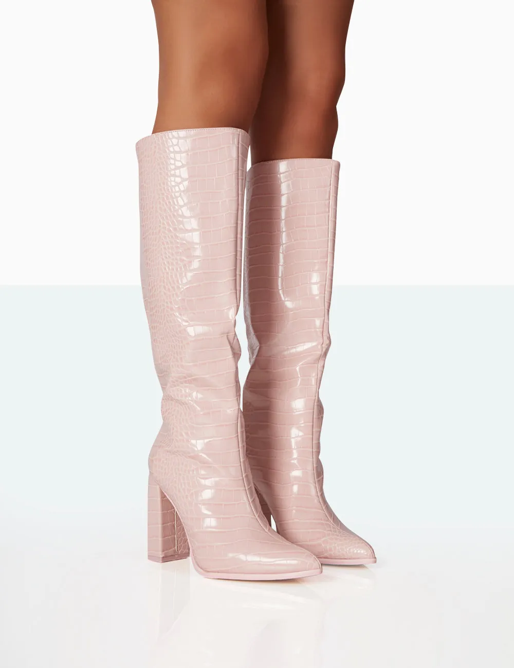 Posie Baby Pink Croc PU Knee high Block Heel Boots