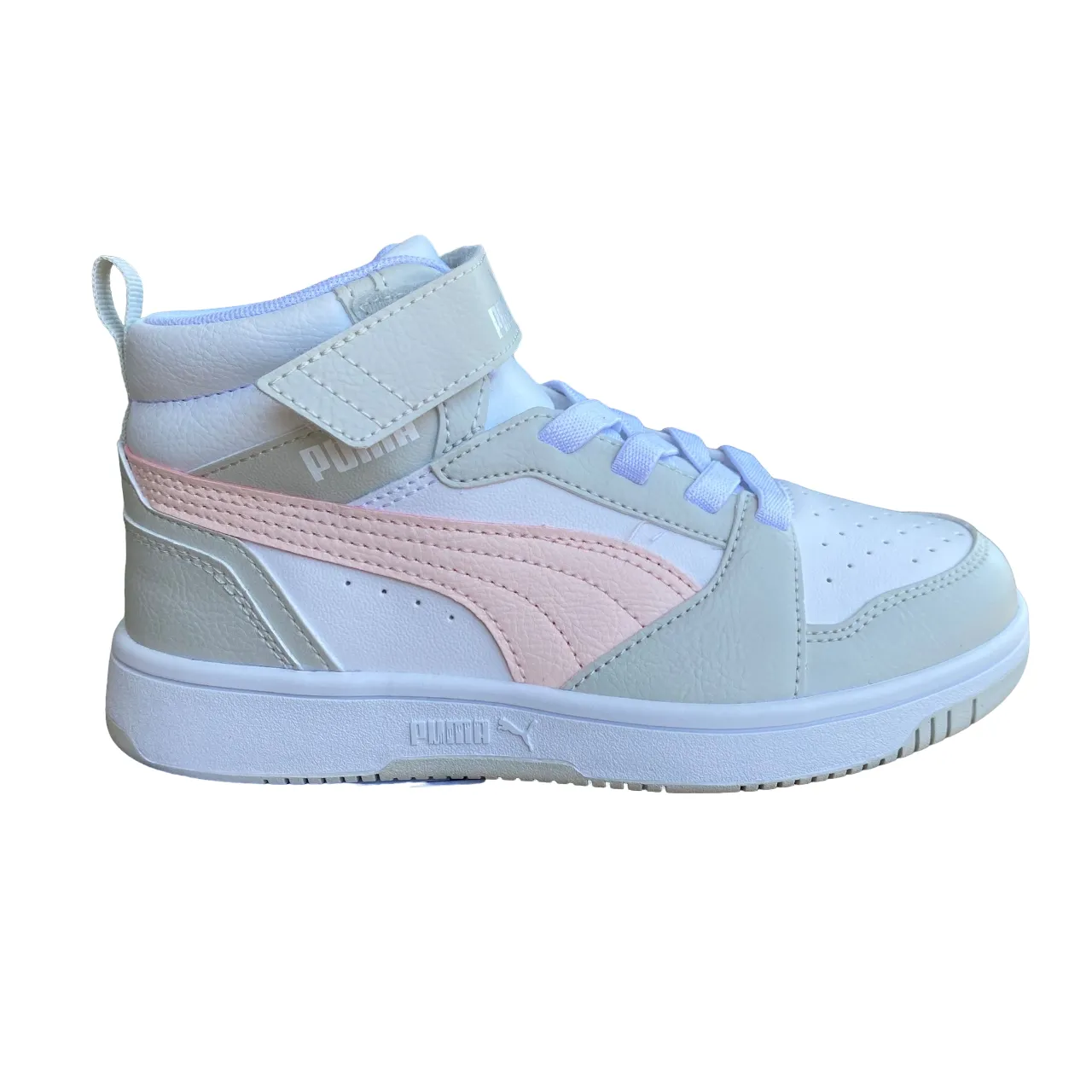 Puma scarpa alta da ragazza con laccio e strappo Rebound V6 AC PS 393832-04 bianco-rosa-grigio