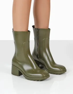 Rainyday Green Chunky Zip Up Heeled Wellies