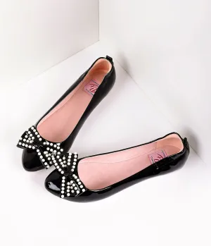 Retro Style Black Patent Leather Pearl Bow Ballet Flats