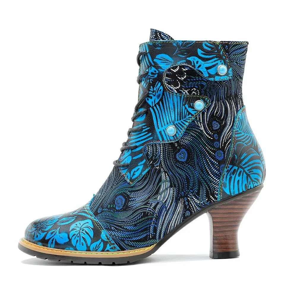 RetroLuxe Chic Printed Low Heeled Lace Up Boots