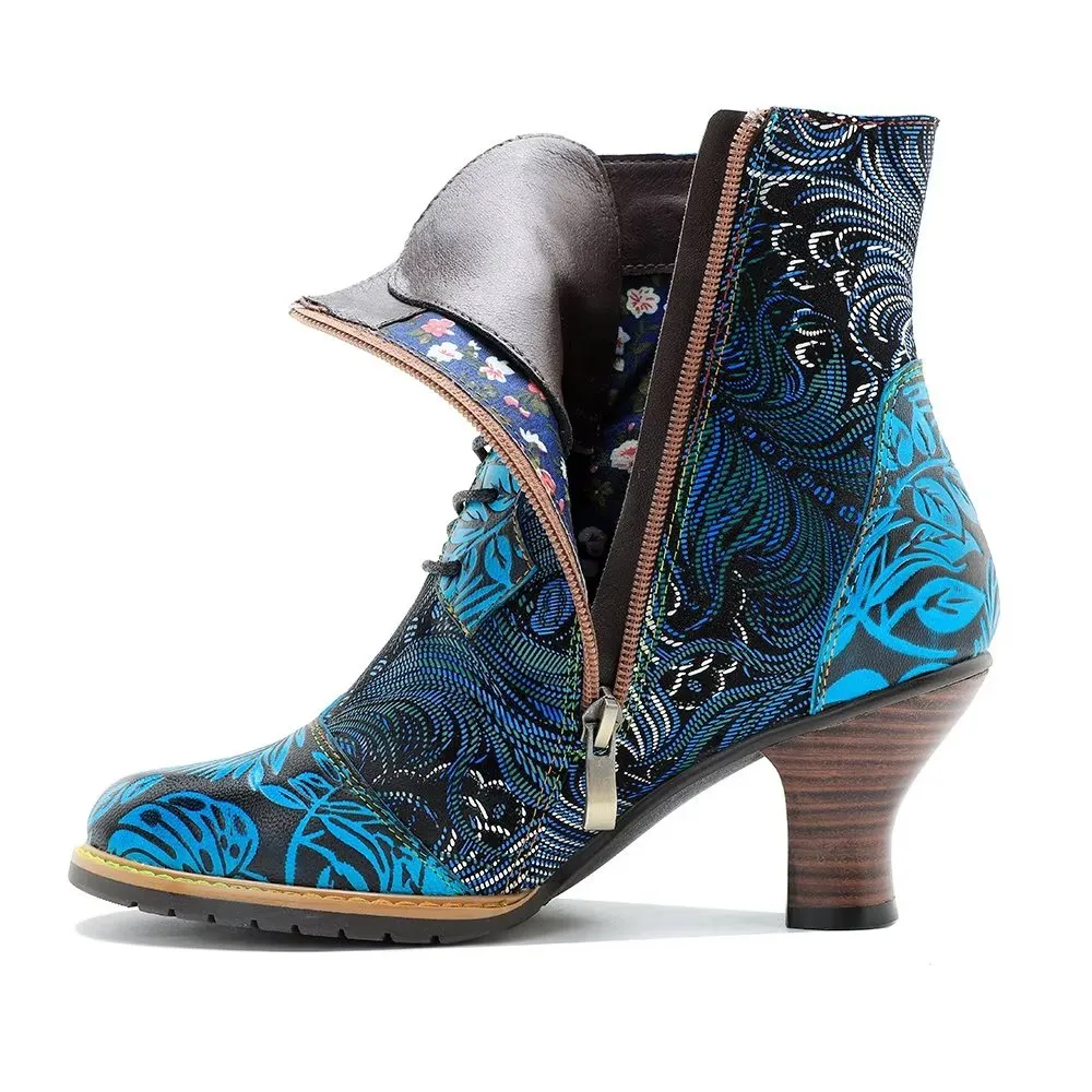 RetroLuxe Chic Printed Low Heeled Lace Up Boots