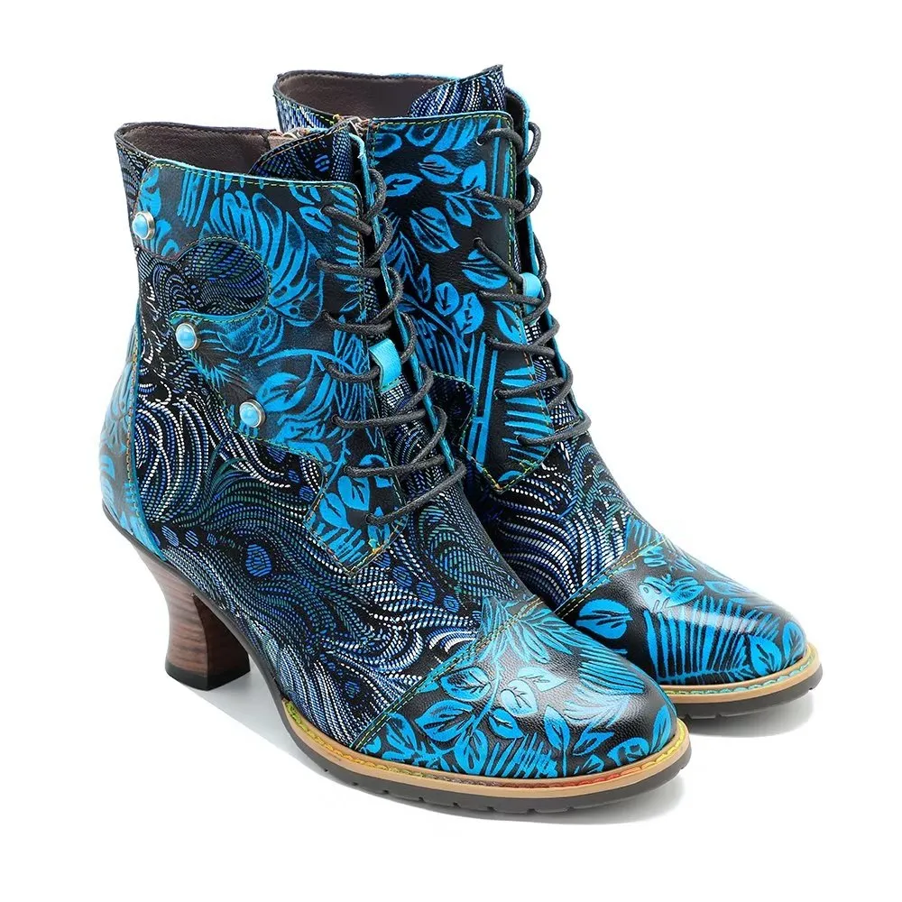 RetroLuxe Chic Printed Low Heeled Lace Up Boots