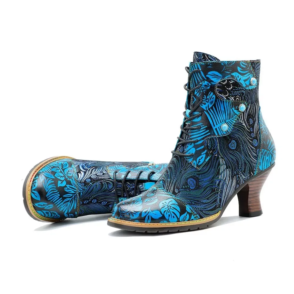 RetroLuxe Chic Printed Low Heeled Lace Up Boots