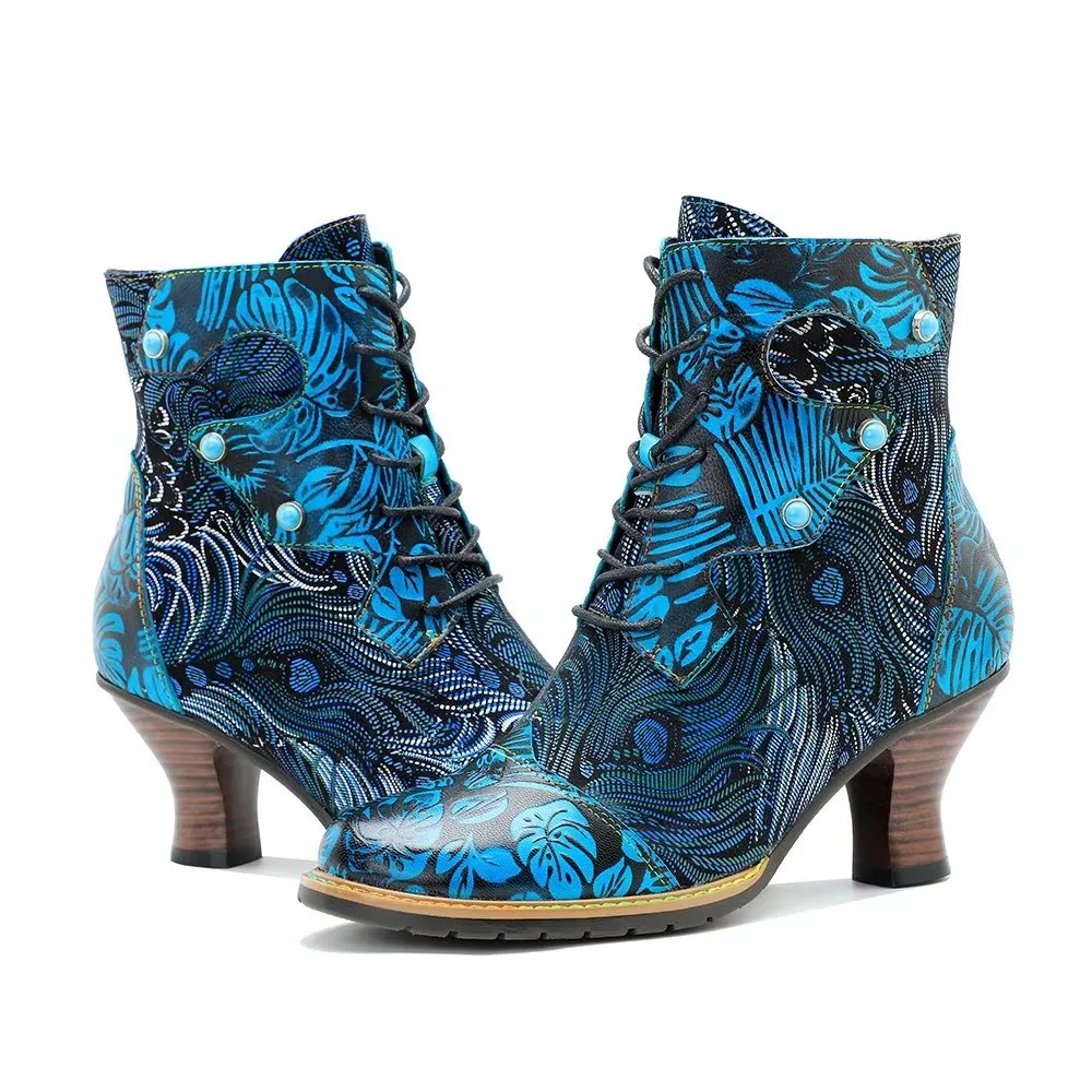 RetroLuxe Chic Printed Low Heeled Lace Up Boots