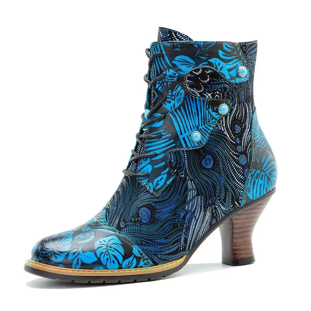 RetroLuxe Chic Printed Low Heeled Lace Up Boots