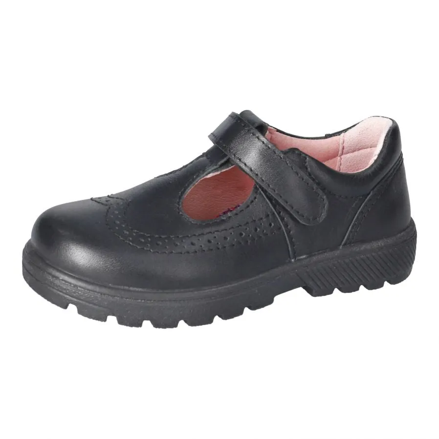 Ricosta: Amanda T-Bar Brogue School Shoes - Black Leather