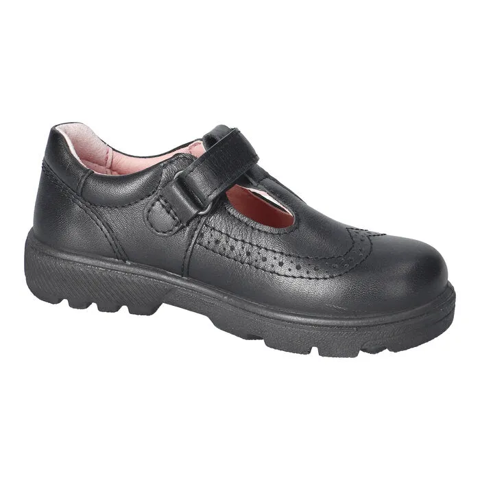 Ricosta: Amanda T-Bar Brogue School Shoes - Black Leather