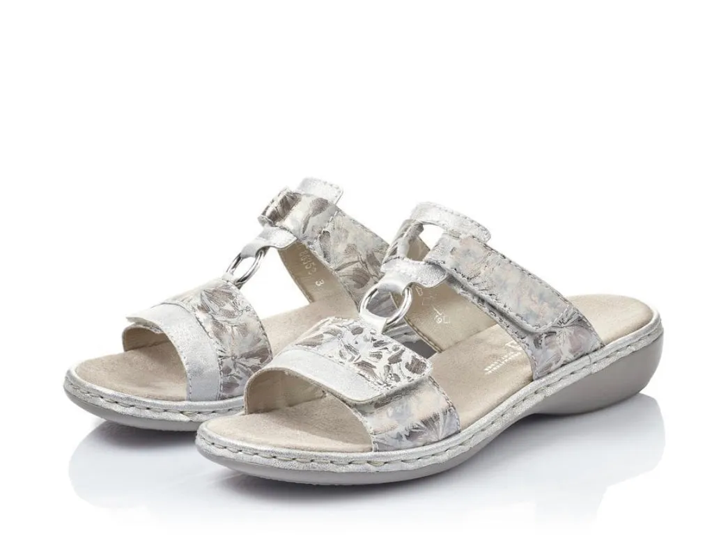 Rieker 659X6-80 Space Silver Combination Leather Mule Sandals