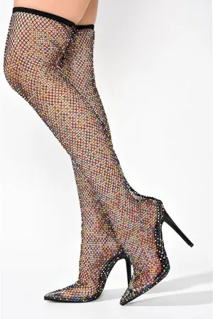 Sexy Black Multicolor Rhinestone Crystal Mesh Thigh Boots