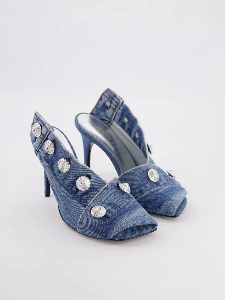 Sexy Boho Denim Button Mules