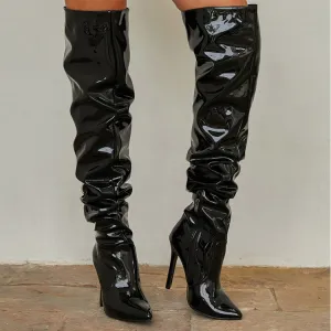 Sexy slouchy PU patent leather stiletto heels thigh high boots