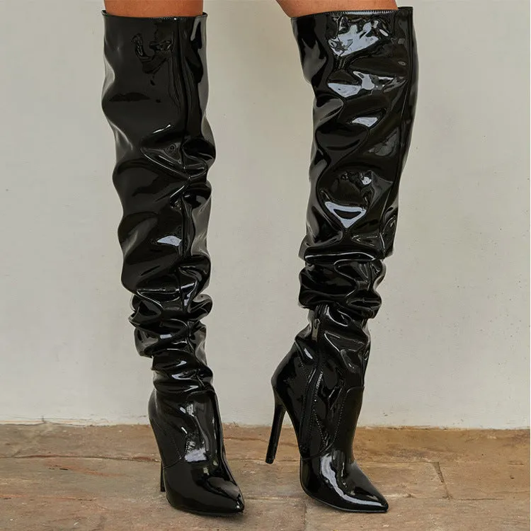 Sexy slouchy PU patent leather stiletto heels thigh high boots