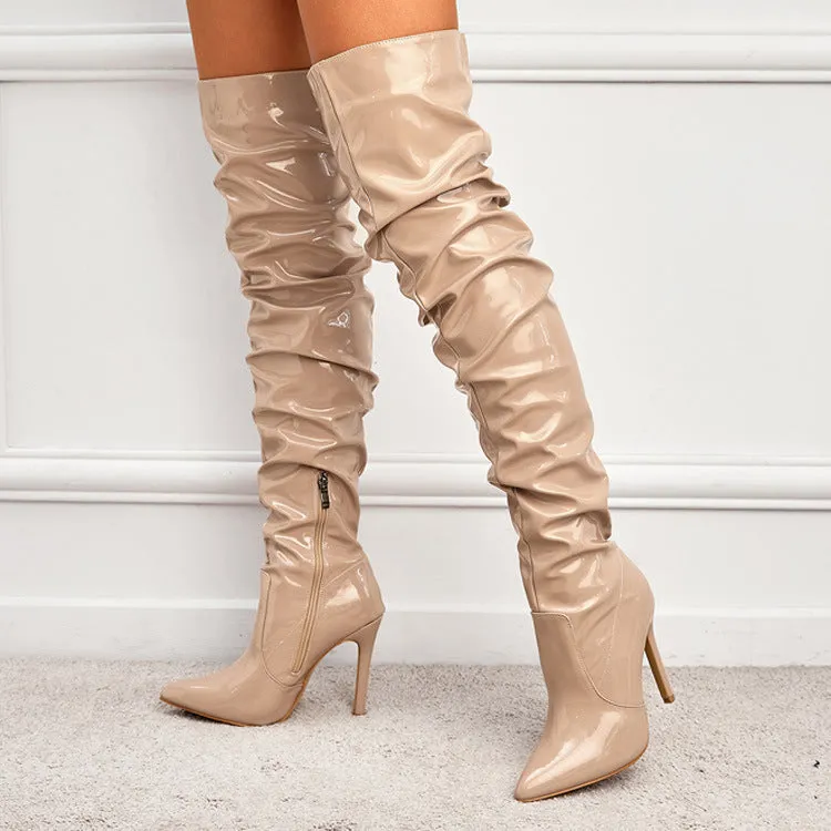 Sexy slouchy PU patent leather stiletto heels thigh high boots