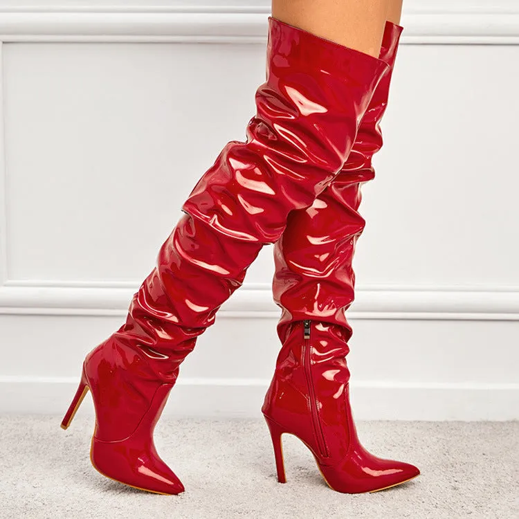 Sexy slouchy PU patent leather stiletto heels thigh high boots