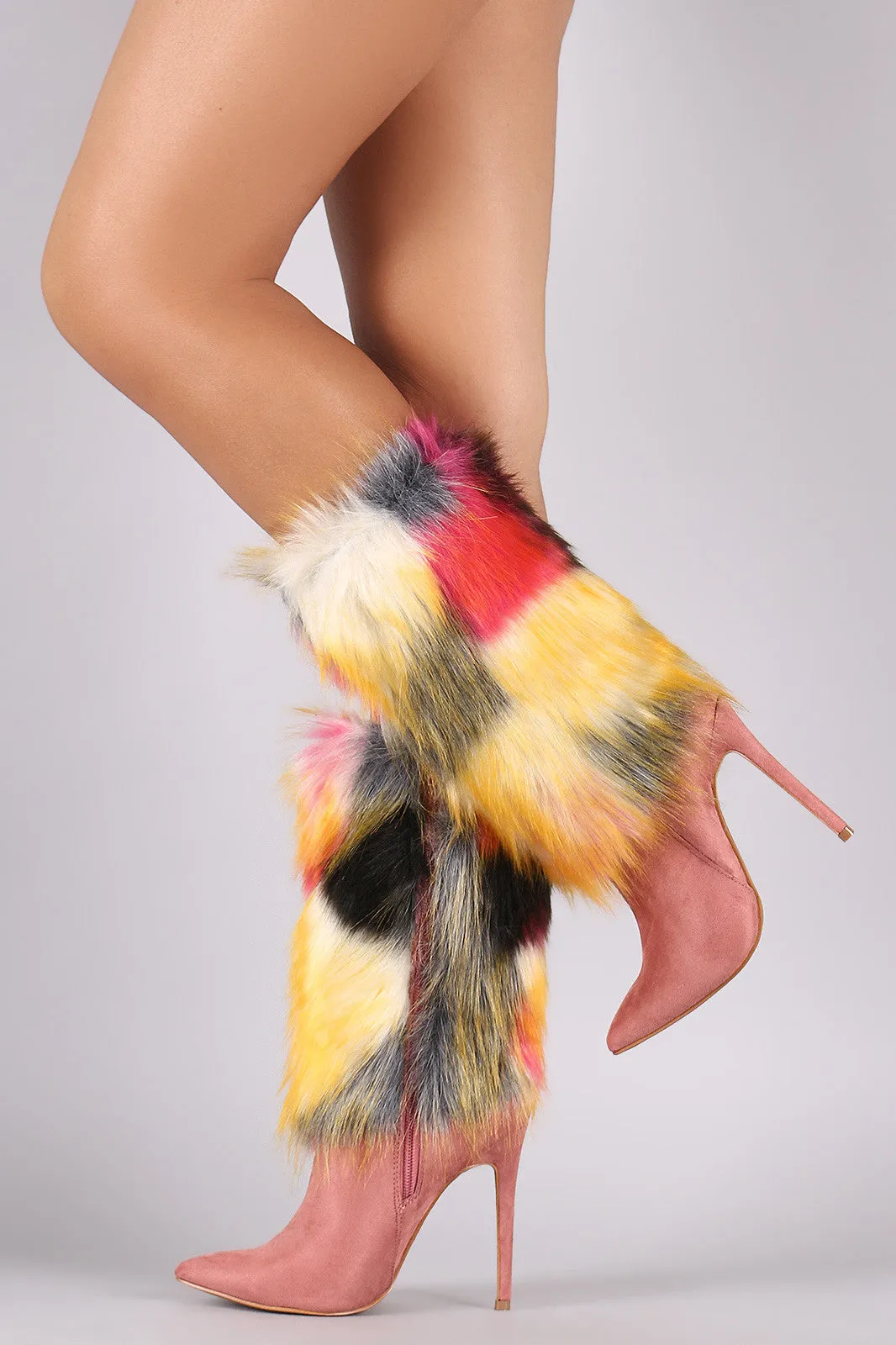 Shoe Republic LA Suede Multicolor Fur Pointy Toe Stiletto Boots