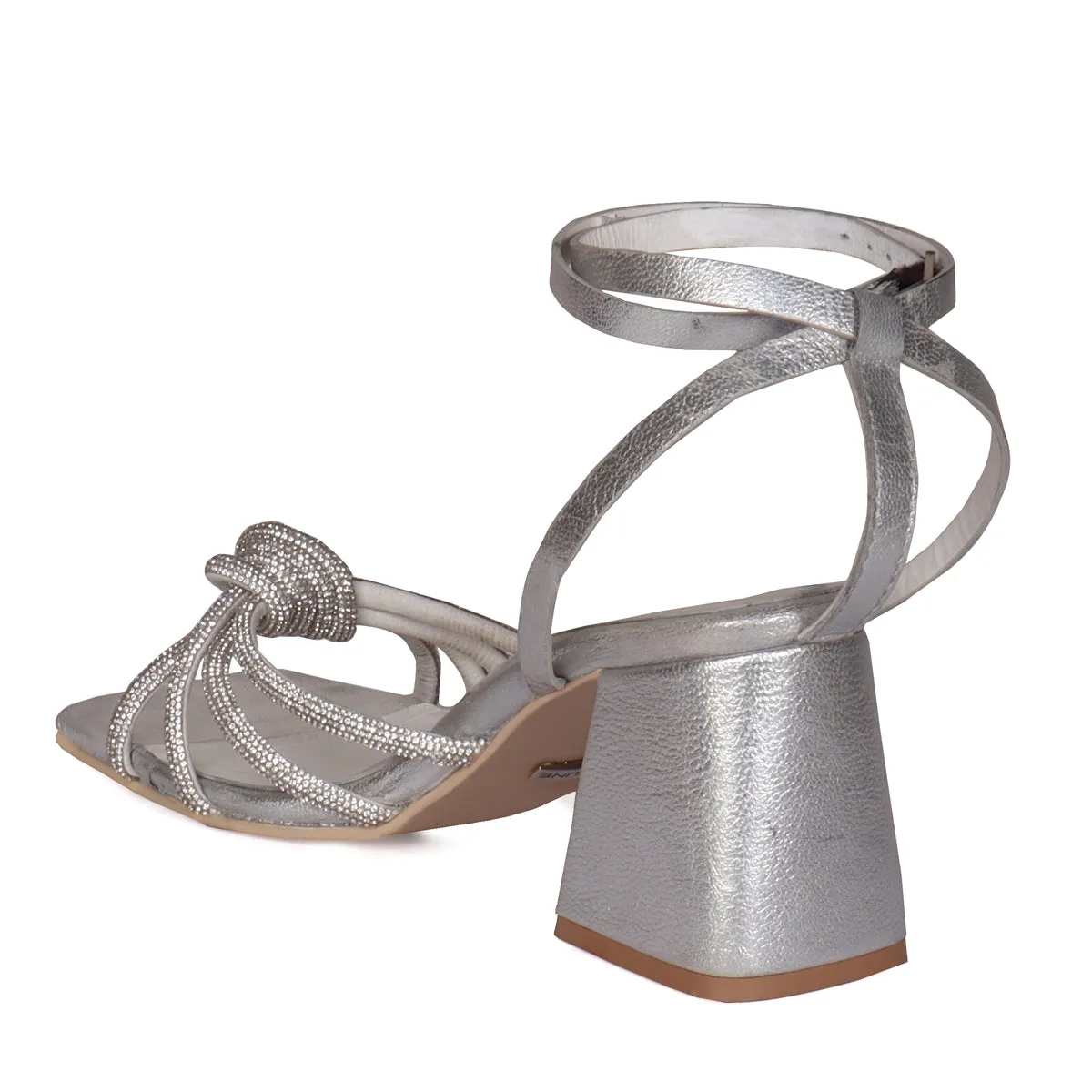 Silver Finish knotted bow detail with rhinestone embellishment Blocked Heel Buckled Sandal By Brune & Bareskin