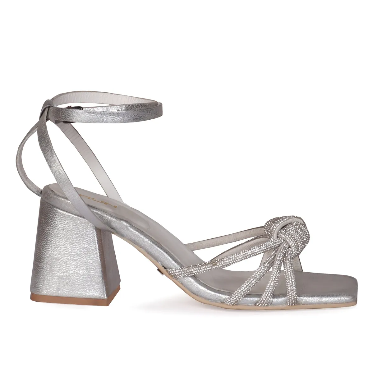 Silver Finish knotted bow detail with rhinestone embellishment Blocked Heel Buckled Sandal By Brune & Bareskin