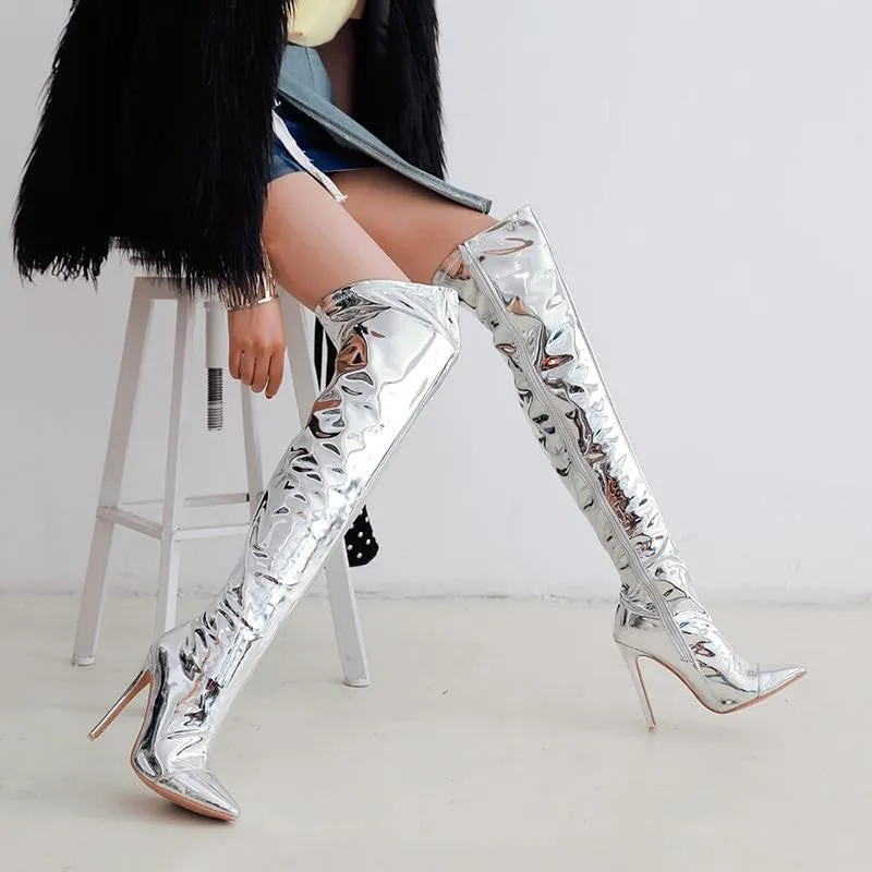 Silver Thin Heel Over The Knee Mirror Metallic Thigh High Boots