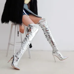 Silver Thin Heel Over The Knee Mirror Metallic Thigh High Boots