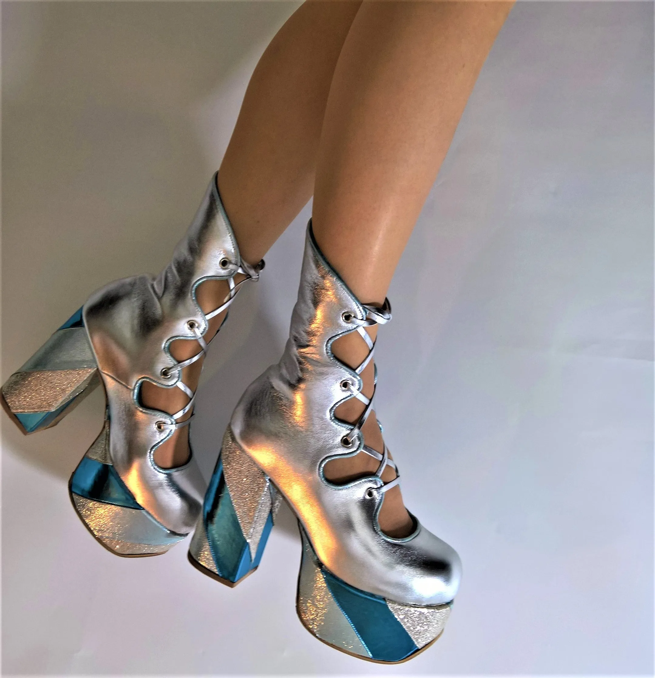 Silver/Blue GLAM Striped Platform Boots