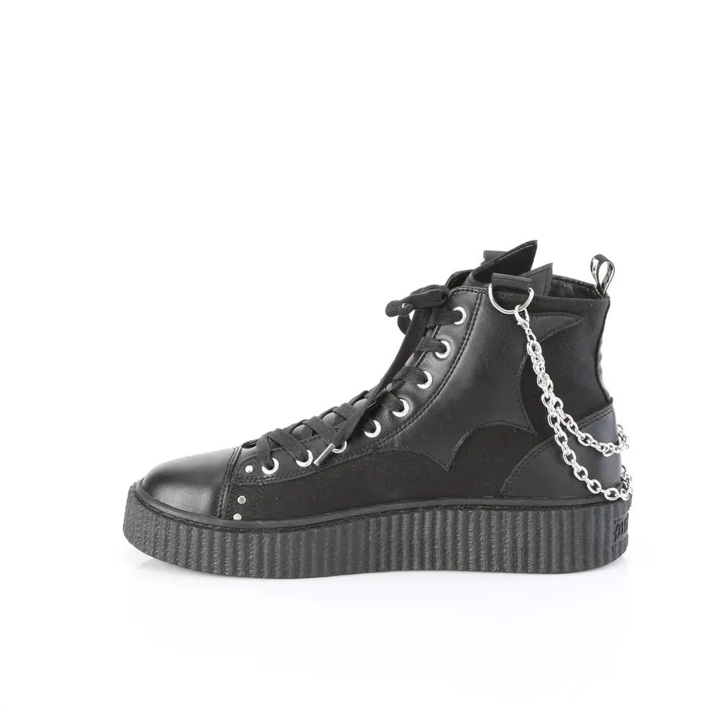 Sneeker-230 Black Canvas Vegan Leather Hi-Top Sneaker Platform Creeper Shoe w/ Contrast Bat Detail and Hanging Chain Detail