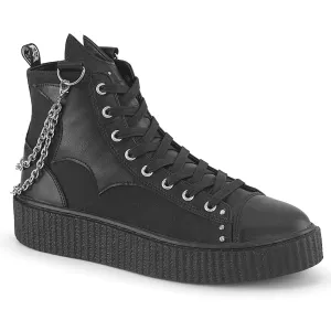 Sneeker-230 Black Canvas Vegan Leather Hi-Top Sneaker Platform Creeper Shoe w/ Contrast Bat Detail and Hanging Chain Detail