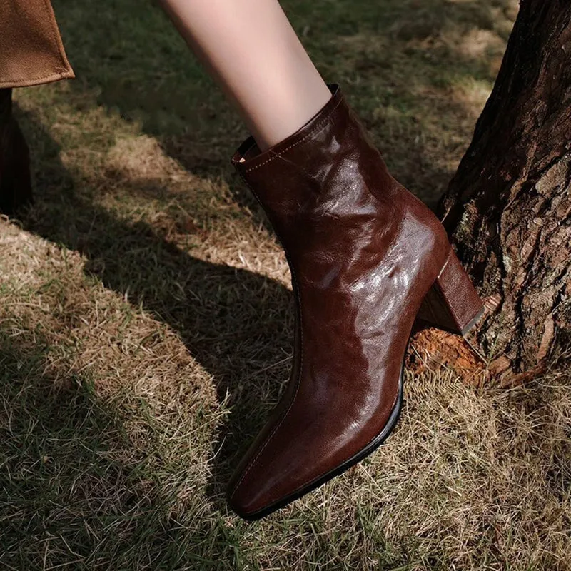 Squared Toe Leather Slimming Boots Sock Boots in Black/Brown