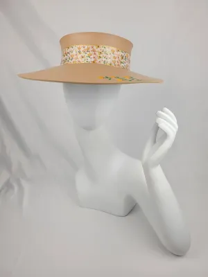 Tan "LadyEVA" Visor Hat with Autumn Floral Band and Handpainted Orange Floral Motif