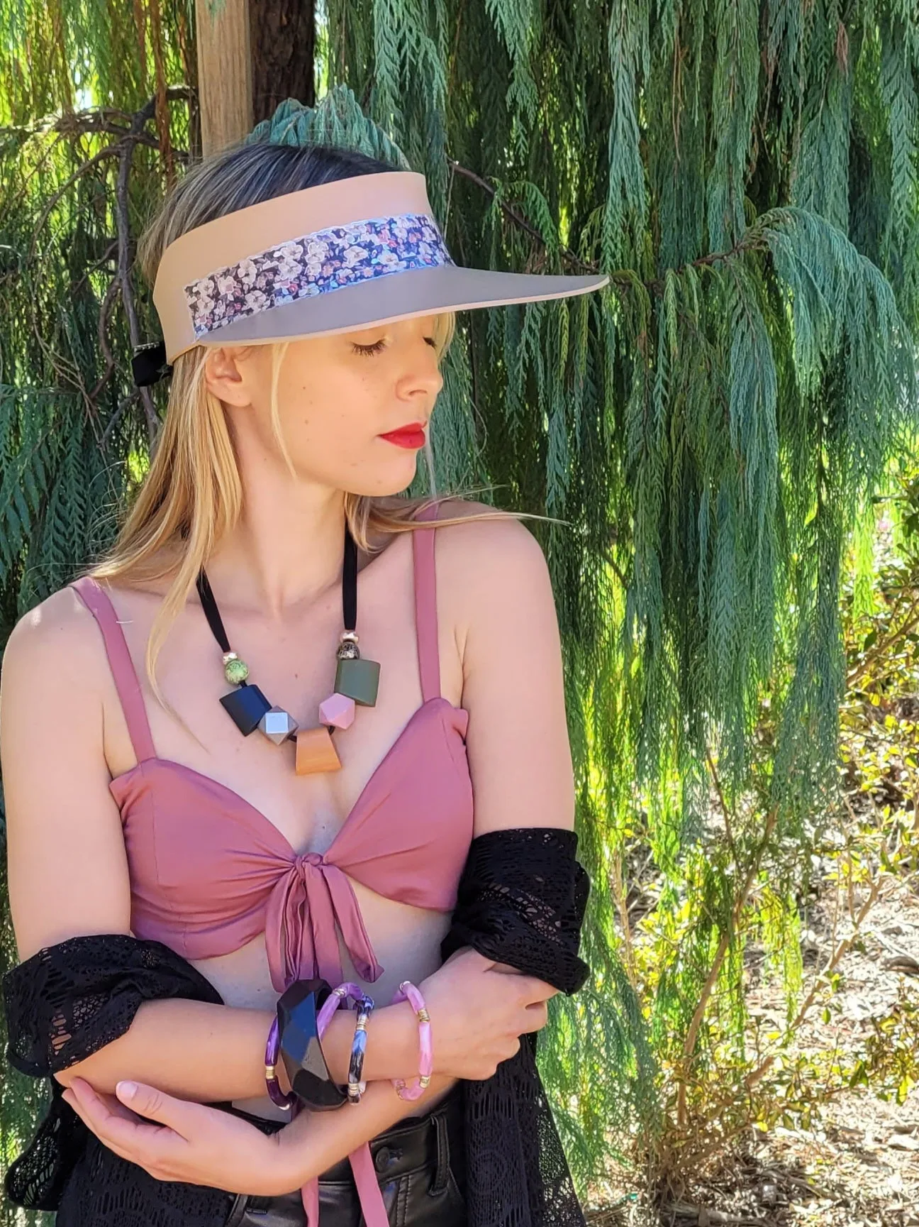 Tan "LadyEVA" Visor Hat with Dark Floral Band and Silver Accents