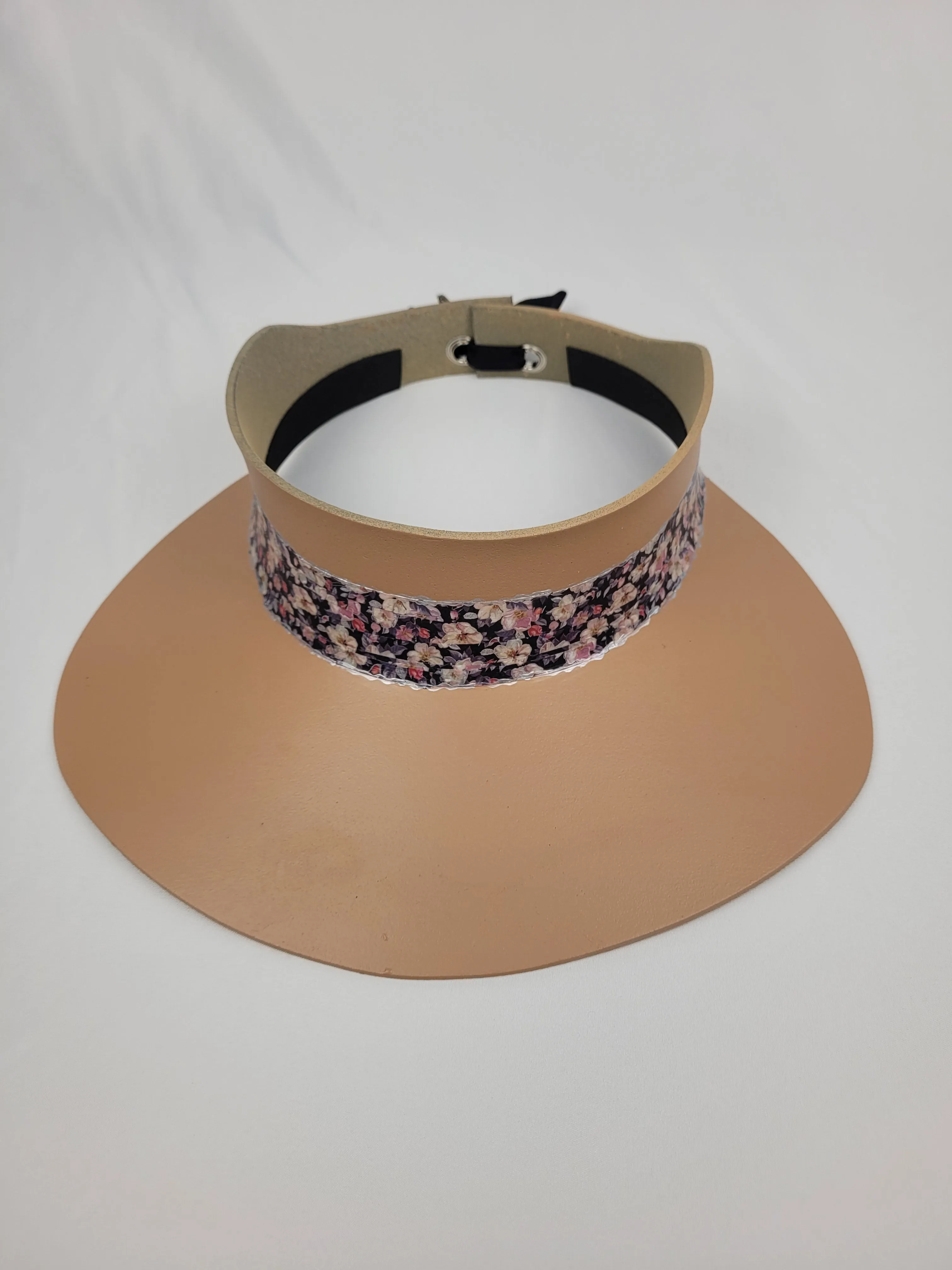 Tan "LadyEVA" Visor Hat with Dark Floral Band and Silver Accents