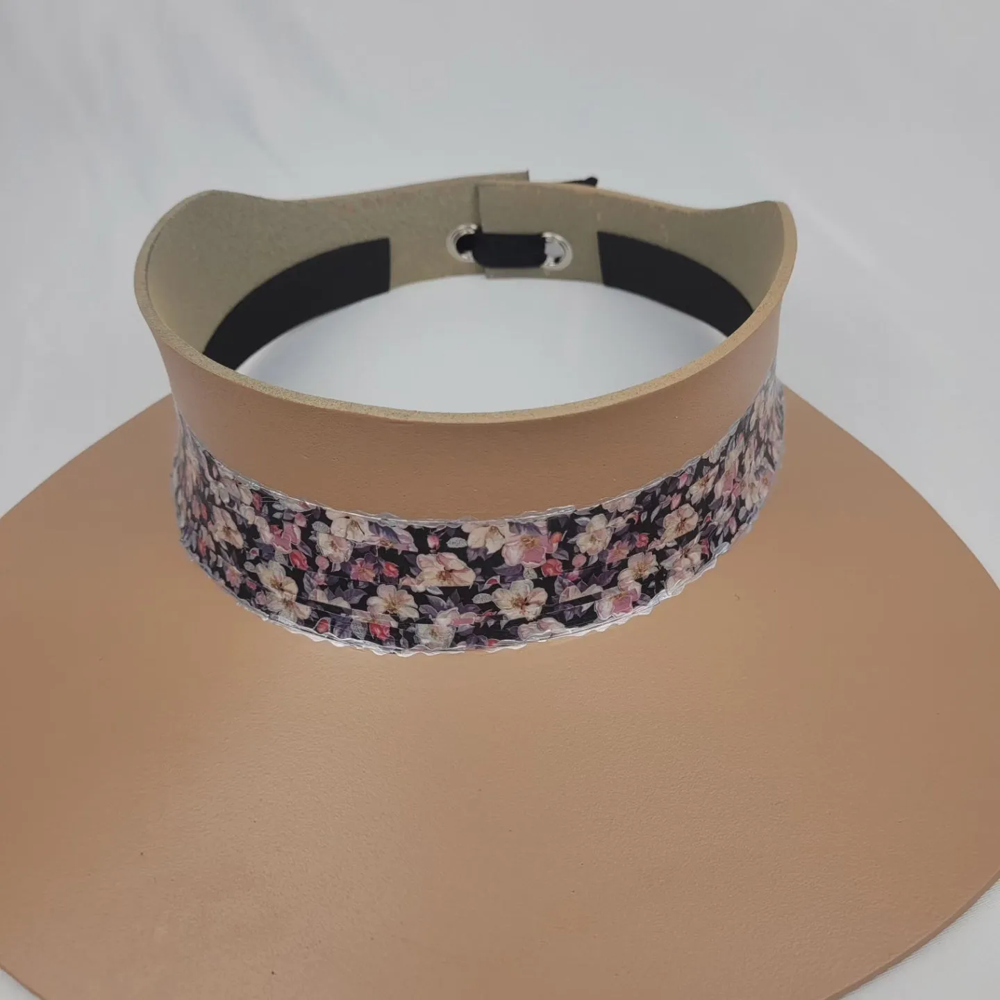 Tan "LadyEVA" Visor Hat with Dark Floral Band and Silver Accents