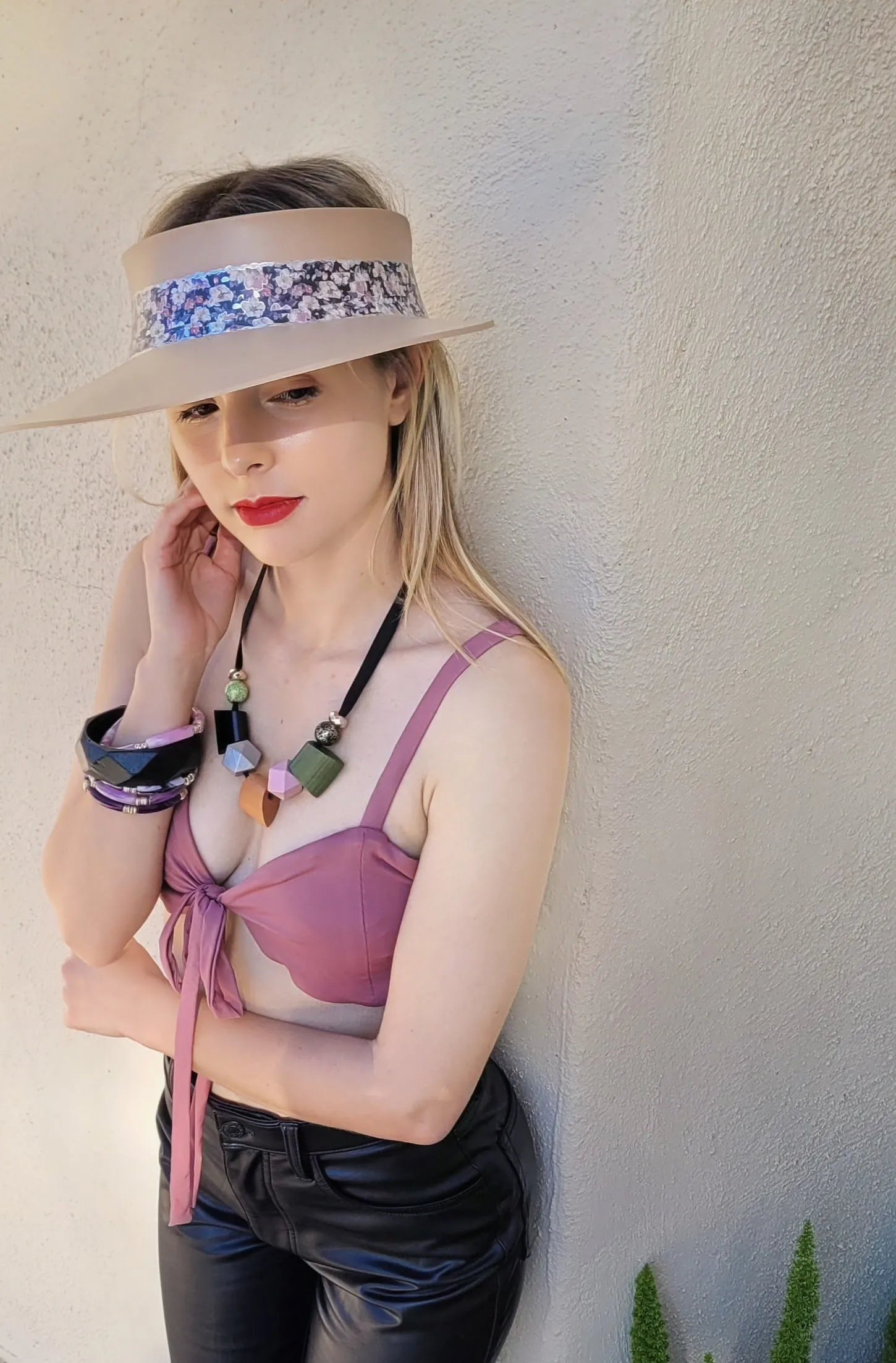 Tan "LadyEVA" Visor Hat with Dark Floral Band and Silver Accents