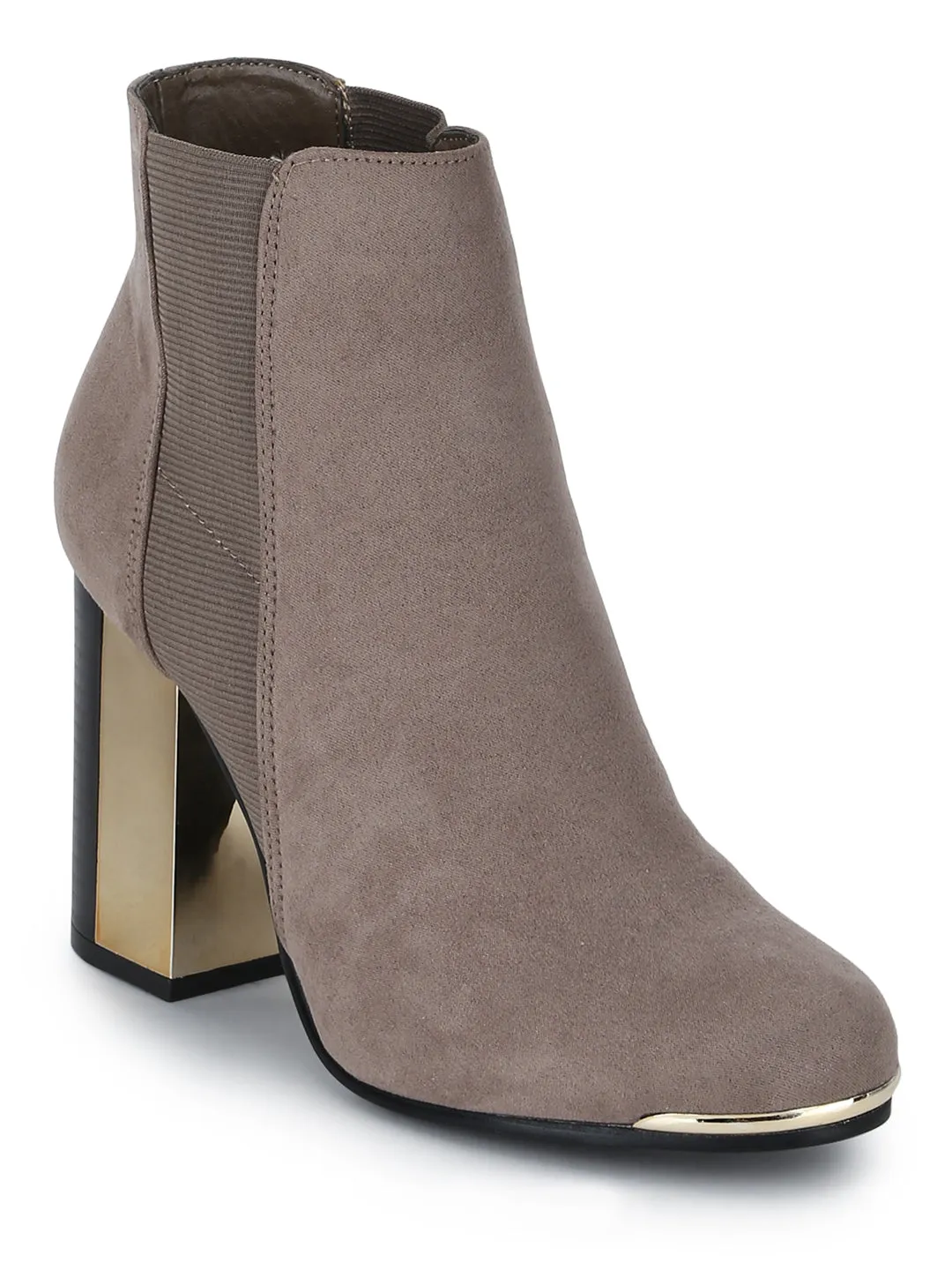 Taupe Micro Double Shade Block Heel Ankle Length Boots