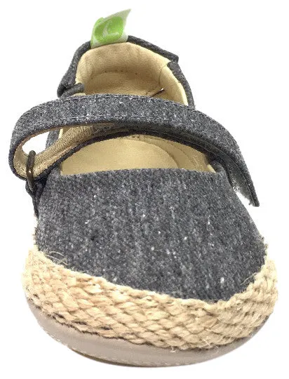 Tip Toey Joey Girl's Sambaky Grey Canvas Beeswax Embroidered Honey Bee Hook and Loop Mary Jane Flat