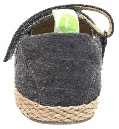 Tip Toey Joey Girl's Sambaky Grey Canvas Beeswax Embroidered Honey Bee Hook and Loop Mary Jane Flat