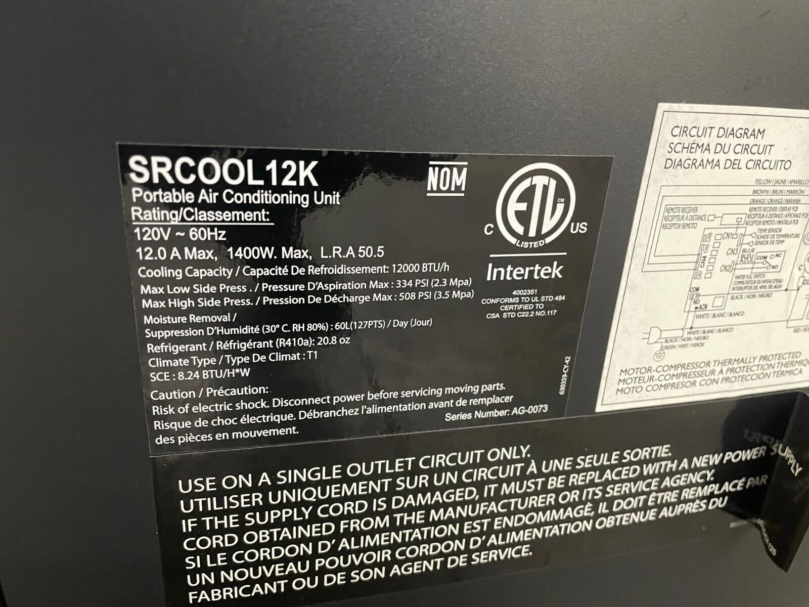 Tripp-Lite SRCOOL12K Portable Air Conditioning Unit, Intertek