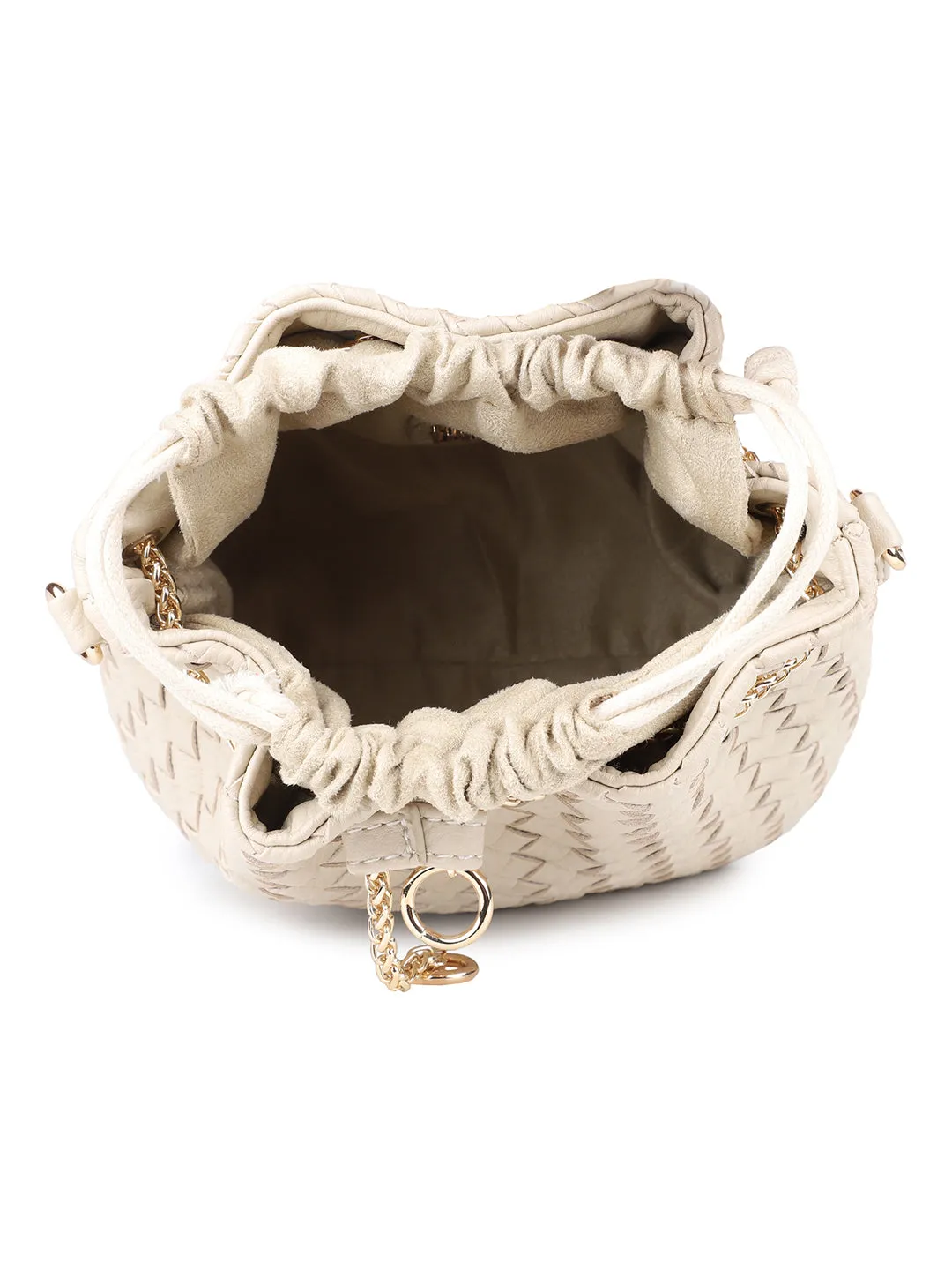 Women Beige Woven Design Structured Potli Clutch