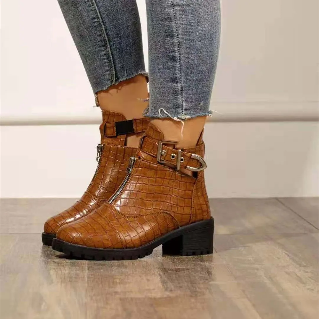 Women chunky heel front zipper buckle strap ankle boots