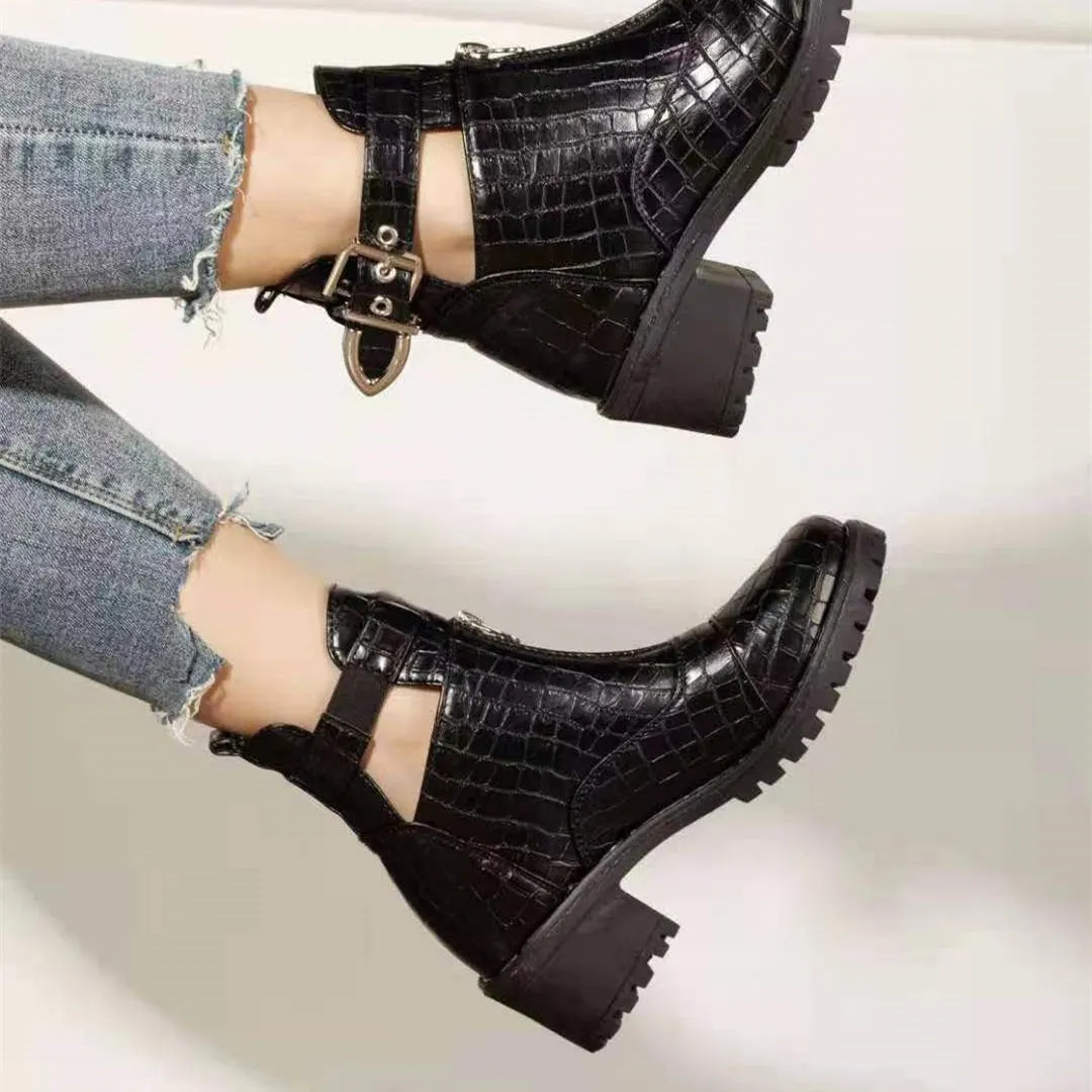 Women chunky heel front zipper buckle strap ankle boots