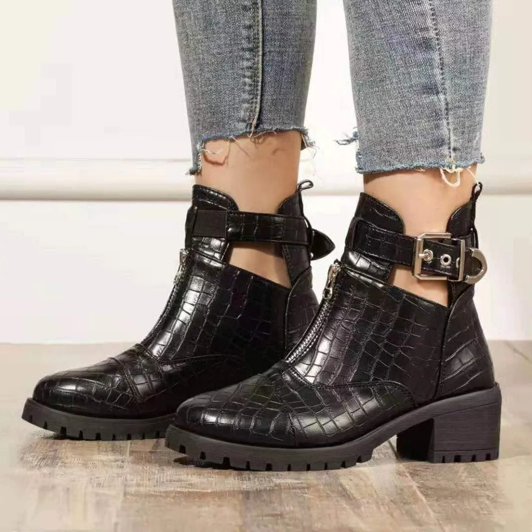 Women chunky heel front zipper buckle strap ankle boots