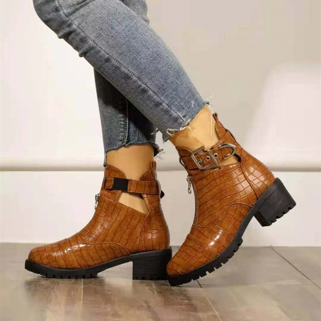 Women chunky heel front zipper buckle strap ankle boots