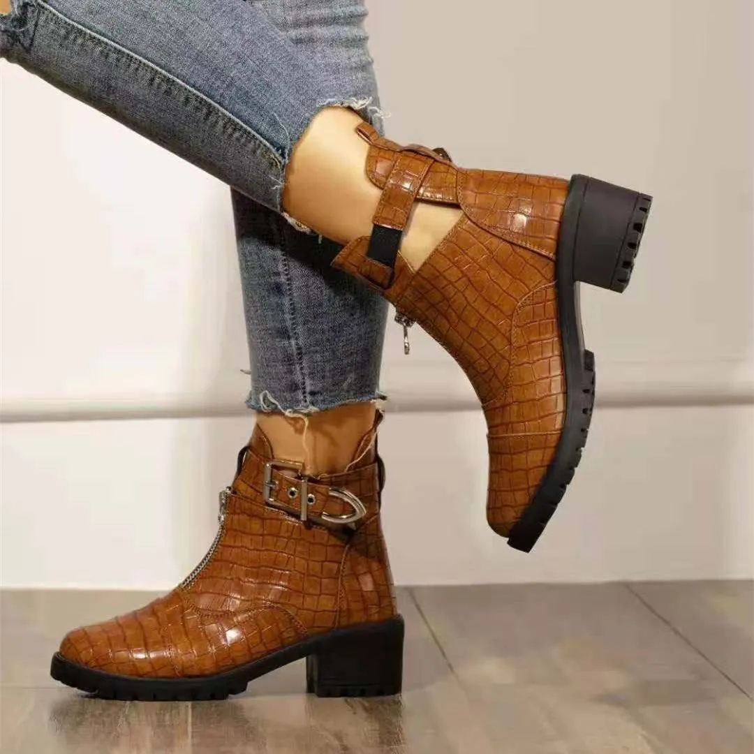 Women chunky heel front zipper buckle strap ankle boots