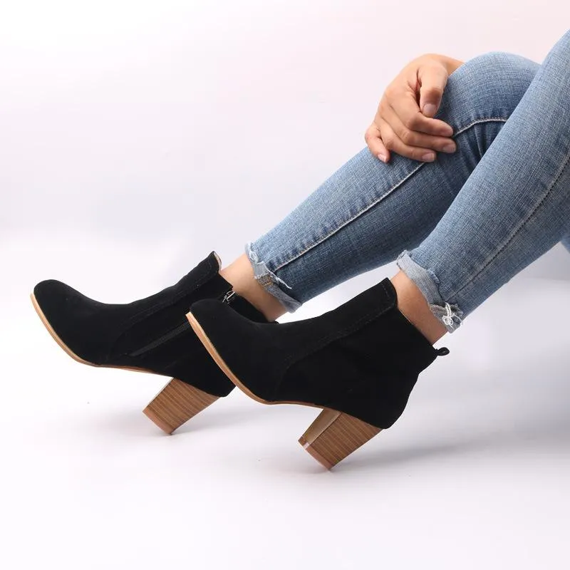 Women chunky heel side zipper round toe ankle boots