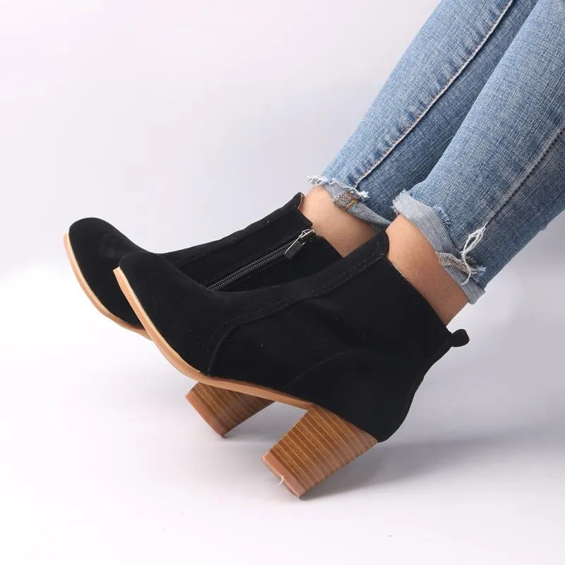 Women chunky heel side zipper round toe ankle boots