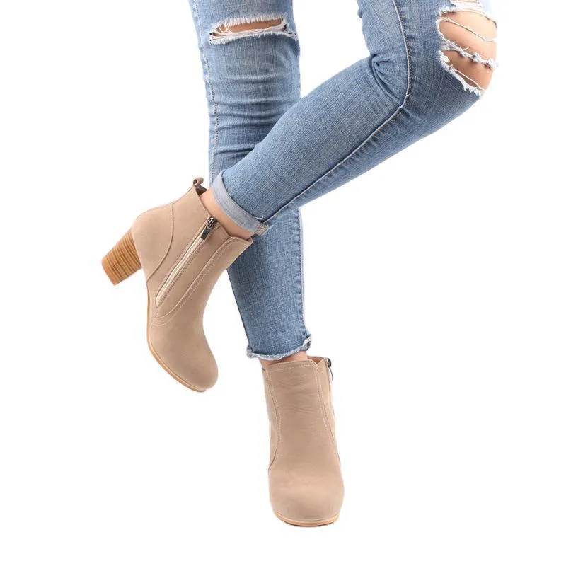 Women chunky heel side zipper round toe ankle boots