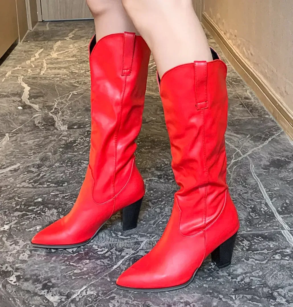 Women knee high boots pointed toe pull on fall boots