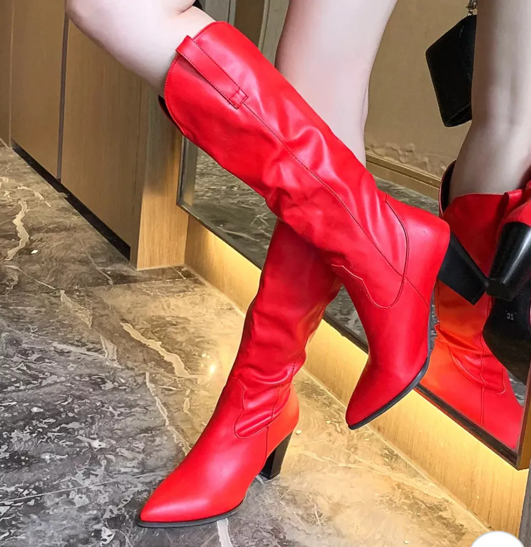 Women knee high boots pointed toe pull on fall boots